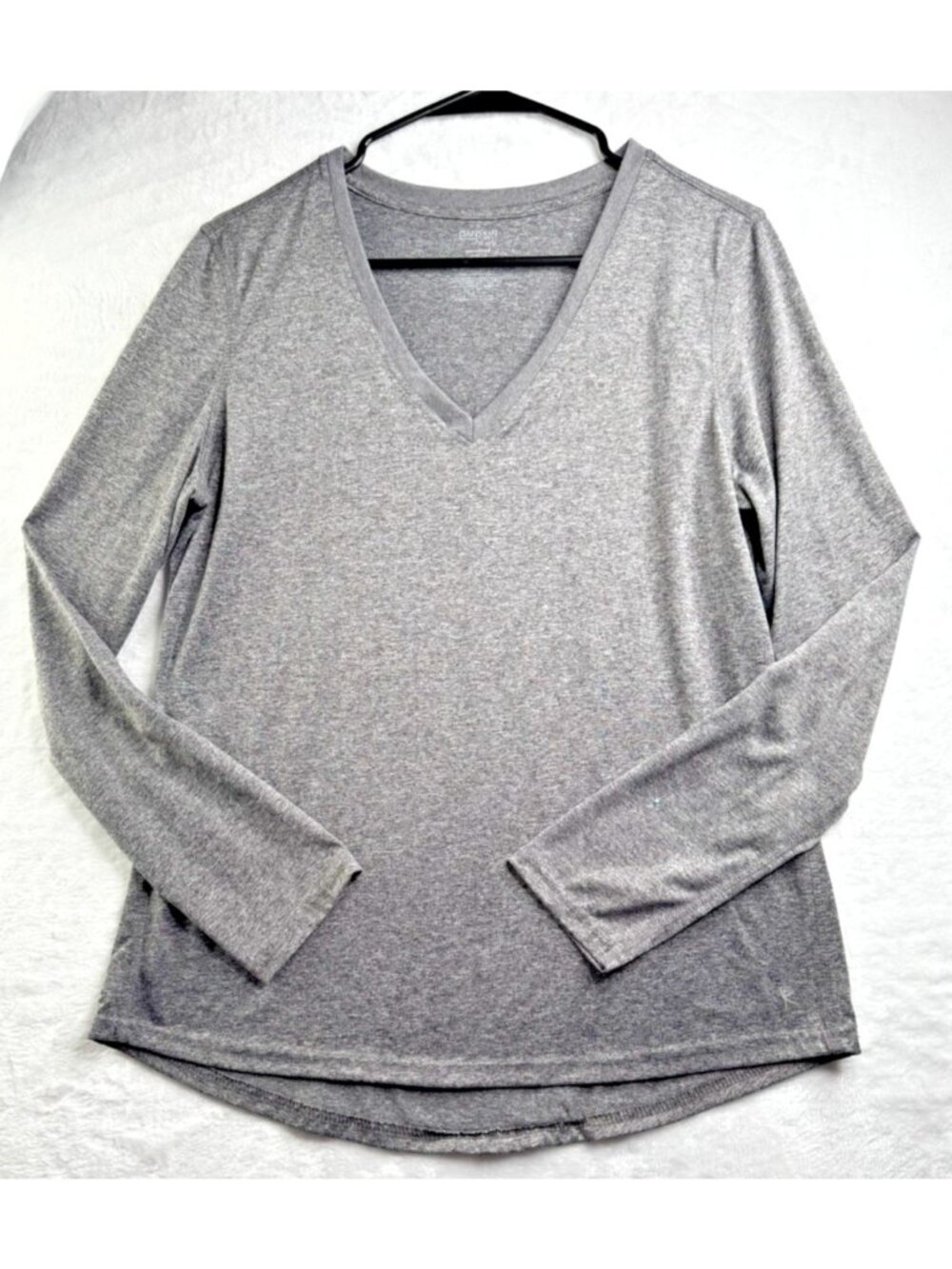 Danskin Size L Semi Fitted Womens Tee Top Long Sleeve Grey V Neck Tunic Top Hem